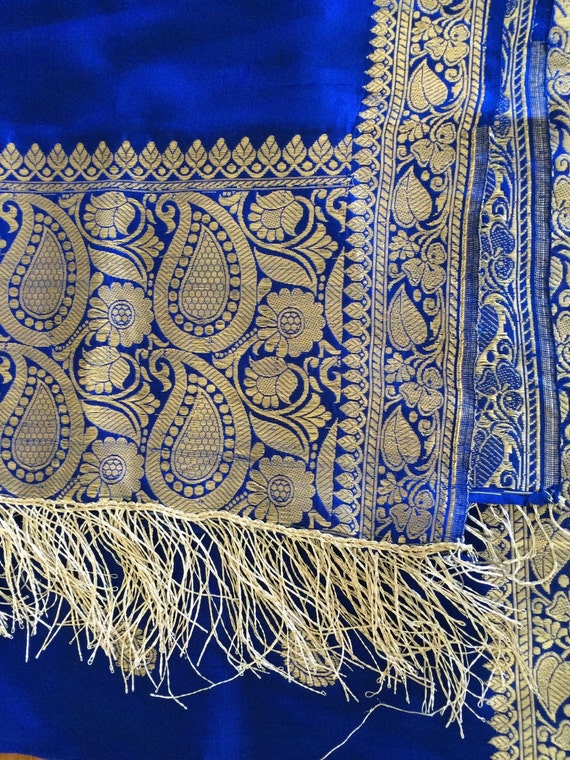 Vintage blue and gold silk shawl wrap - image 2