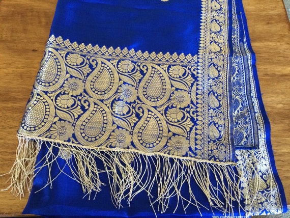 Vintage blue and gold silk shawl wrap - image 1