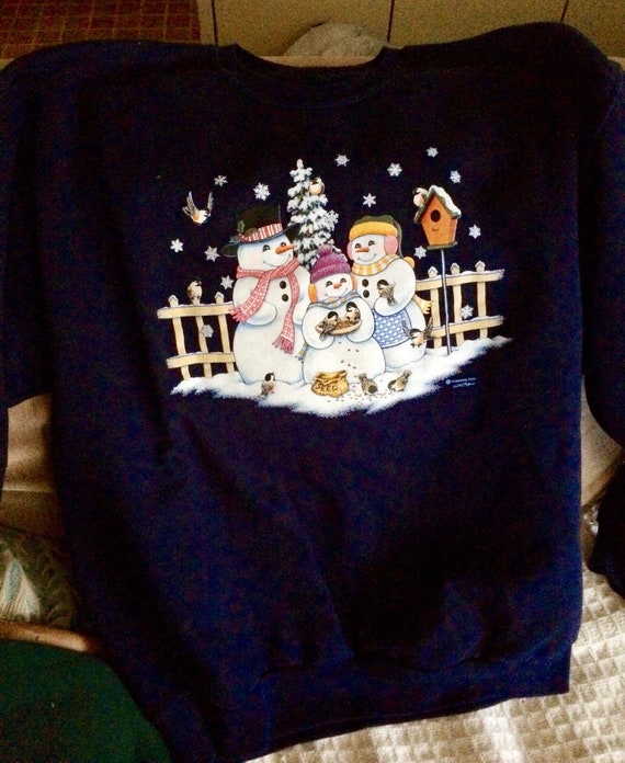 Vintage Snowman Family Holiday Blue Sweatshirt XL - image 1