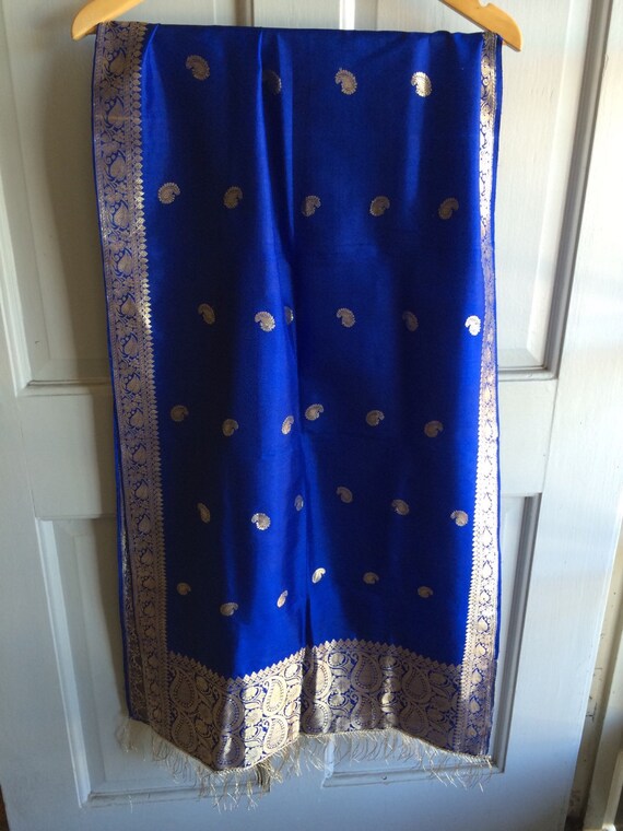 Vintage blue and gold silk shawl wrap - image 4