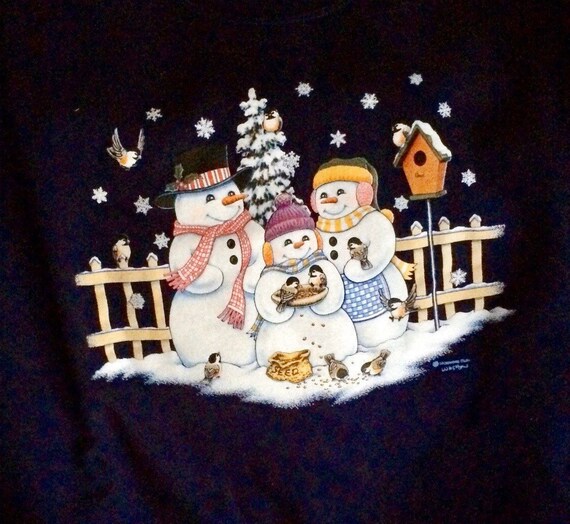 Vintage Snowman Family Holiday Blue Sweatshirt XL - image 2