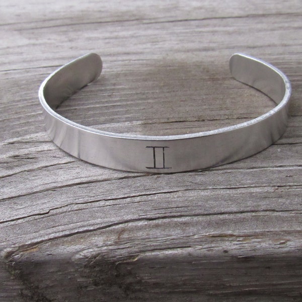 Gemini bracelet, Silver cuff, Handstamped Zodiac jewelry, Gemini birthday gift, Astrology jewelry, June birthday, May birthday