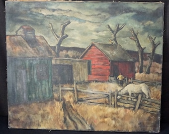 Vintage Original Koichi NOMIYAMA Farm Painting, Brutalist Modernist, Signed, CA & CO Japanese Concentration Camp Prisoner, No Frame