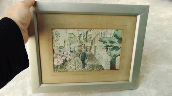Europe Vignette Local Street Scene Pencil Drawing Watercolor Framed Original Genuine Painting Art