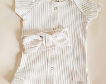 Ribbed Baby Romper with Bow: Cotton Newborn Outfit