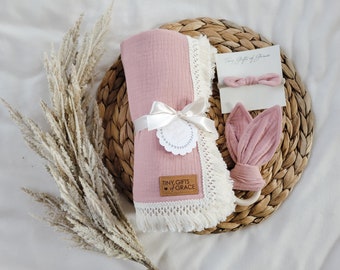 Misty pink Fringe Swaddle Blanket Gift Set | Boho Fringe blanket | Fringe Swaddle | Newborn Swaddle | Fringe baby blanket | Fringe blanket