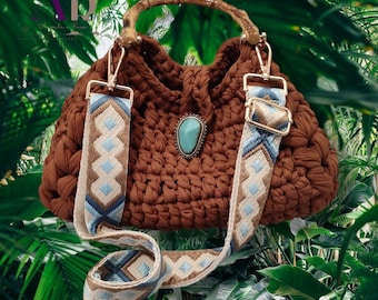 Handmade Crochet Cotton Ribbon Bag, Bamboo Handle, Brown Shoulder Bag
