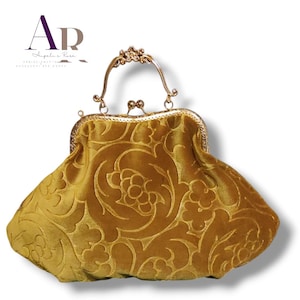 Borsa clic clac in velluto con fodera e tasca interna, manico in metallo con tracollina in catena