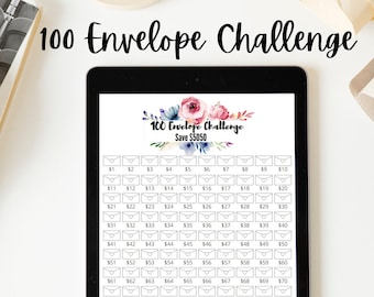 Afdrukbare 100 Envelope Savings Challenge Tracker, Besparingsdoel, Gelduitdaging, digitale tracker, bespaar 5050 dollar