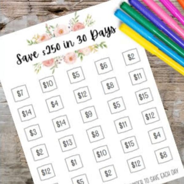 Printable Save 250 Dollars in 30 Days Savings Tracker, Savings Goal, Money Challenge, The Budget Mom, Dave Ramsey,  digital tracker