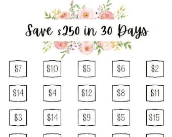 Printable Sparen Sie 250 Dollar in 30 Tagen Savings Tracker, Sparziel, Geldherausforderung, The Budget Mom, Dave Ramsey, digital tracker