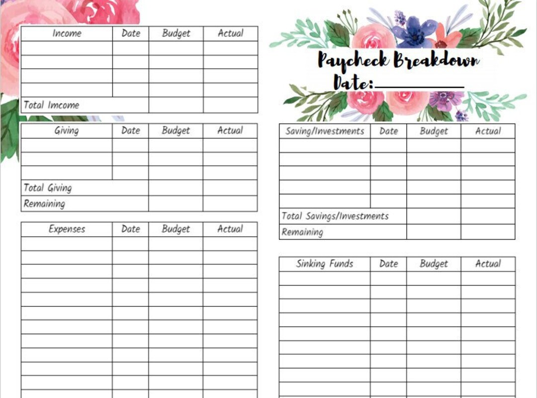 Floral Paycheck Budget Breakdown Printable, Budget by Paycheck, the ...