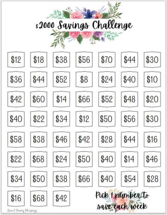 Printable 2000 Dollar Savings Challenge Tracker Save 2000 
