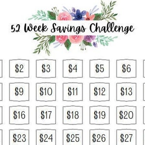 May include: A printable 52 week savings challenge chart with a floral border. The chart is divided into 8 rows and 7 columns, with each square containing a dollar amount from $1 to $28.