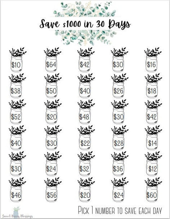Printable Save 1000 Dollars In 30 Days Savings Tracker Mason Etsy