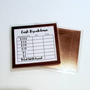 Laminated Cash Teller Slip Cash Breakdown in Rose Gold, Dave Ramsey, The Budget Mom, Cash Budgeting, Sinking Funds
