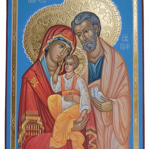 Het icoon van de Heilige Familie, handgeschreven, lindehout, levkas, gravure, tempera, 24-karaats goud, eigen stijl met Byzantijnse moderne motieven.