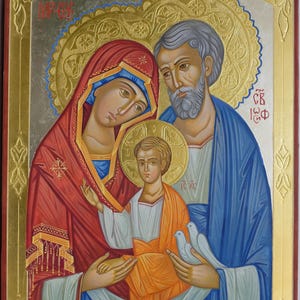 Het icoon Heilige Familie, handgeschreven, lindehout, levkas, gravure, tempera, 24-karaats goud, eigen stijl met Byzantijnse moderne motieven.