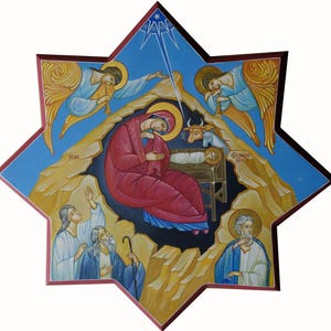 Icoon Kerstmis van Jezus Christus, handgeschilderd icoon, neo-Byzantijnse stijl, verguld orthodox icoon, Grieks-katholiek icoon, geboorte van Jezus Christus,