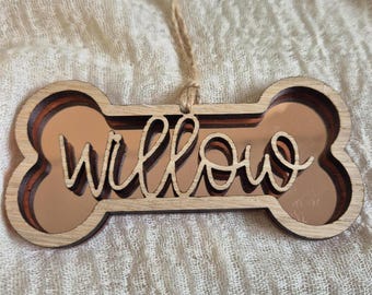 Personalized Dog Bone Christmas Ornament: Laser Engraved Oak Veneer