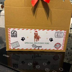 Może przedstawiać: Brązowe kartonowe pudełko z czerwoną kokardą. Pudełko ma etykietę z napisem "Santa Paws Toy Co" i "Special Delivery For: Bryn". Etykieta zawiera psa w czapce Świętego Mikołaja i odciski łap.