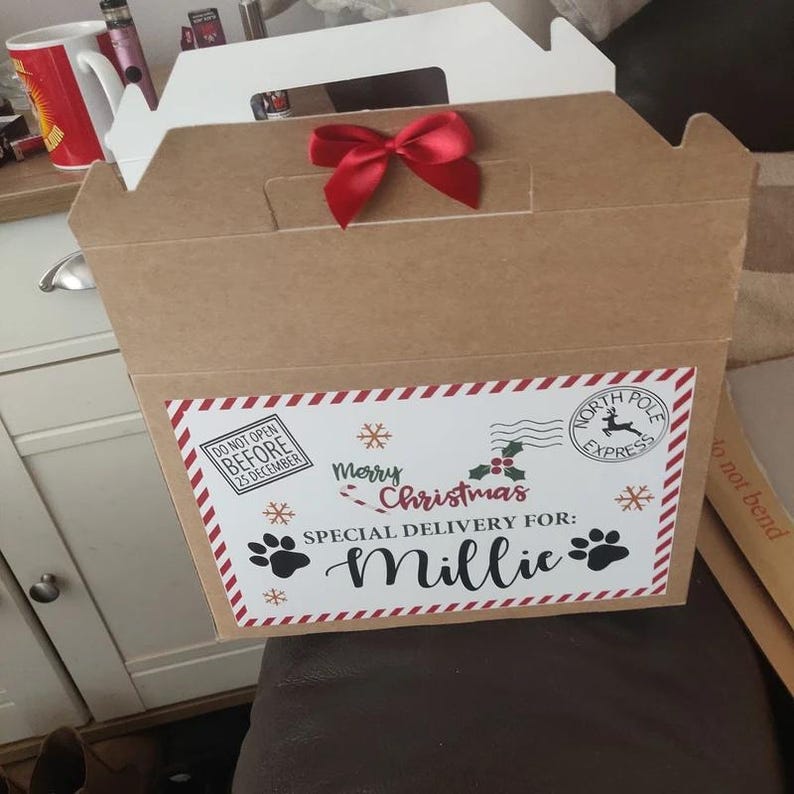Puede incluir: Una caja de regalo de cart&oacute;n marr&oacute;n con asa blanca y lazo rojo. La caja presenta una etiqueta con el texto "Merry Christmas" y "Special Delivery For: Millie". Incluye huellas de patas y dise&ntilde;os de copos de nieve.