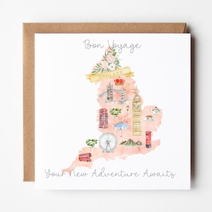 Carte déménagement en Angleterre, carte Bon voyage personnalisée, carte émigration, carte nouvelles aventures, carte porte-bonheur, carte déménagement à l'étranger