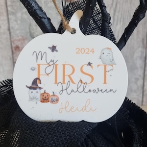 Personalised Halloween Hanging Ornament | Halloween Basket Tag | Halloween Pumpkin Decoration | Baby&#39;s First Halloween Gift
