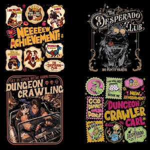 Puede incluir: Una colección de diseños gráficos sobre un fondo negro. Los diseños presentan personajes de dibujos animados, texto y varias ilustraciones. El texto incluye frases como "NEEEEEW ACHIEVEMENT!" y "DUNGEON CRAWLER CARL". El tema general es humorístico y aventurero.