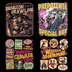 Könnte beinhalten: Vier grafische Designs auf schwarzem Hintergrund. Die Designs zeigen Cartoon-Charaktere und Text. Ein Design sagt "DUNGEON CRAWLING" mit einer Person, die ein Auto fährt. Ein anderes sagt "PREPOTENTE SPECIAL BOY". Die anderen beiden sagen "DUNGEON CRAWLER CARL" und "NEEEEEW ACHIEVEMENT!"