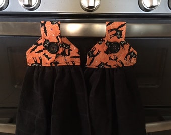 Kitchen towels set of 2 black cotton  towels with black cat fabric top, black button