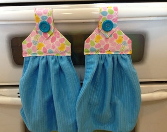 Easter fabric top Kitchen towels set of 2, light Blue microfiber towels with a Blue button