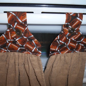 Kitche towels Set of 2, football fabric top, light brown, tan towel with button over velcro closure