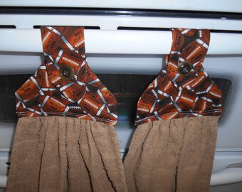 Kitche towels Set of 2, football fabric top, light brown, tan towel with button over velcro closure