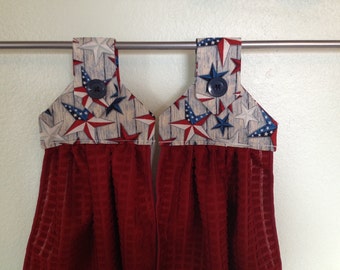 Patriotic kitchen towel set of 2  maroon micro fiber towel's with patriotic fabric top,
