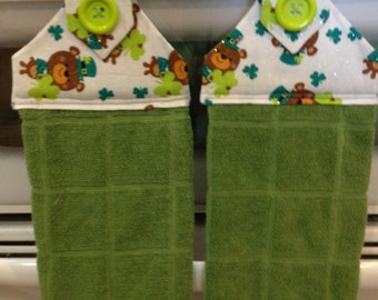 St. Patrics day fabric top towels set of 2 light green cotton towels with a light green button over velcro closure