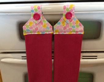 Kitchen towels set of 2, Pink microfiber towel Easter fabric top with a Pink button over velcro closure