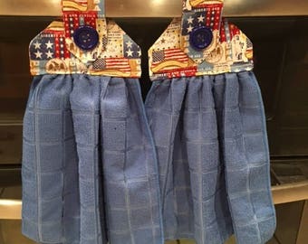 Patriotic fabric top kitchen towel set of 2  blue micro fiber towel's