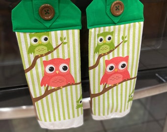 homemade hanging towel set of 2, micro fiber towels, lime green with owls, green top with brown button