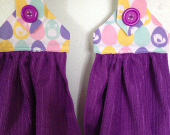 Easter fabric top Kitchen towels set of 2, purple microfiber towels with a purple button