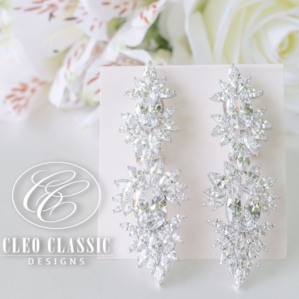 Long Chandelier Bridal Earrings | Large Wedding Earrings | Bridal Earrings | Cluster Earrings | Crystal Bridal Earrings | Crystal Wedding