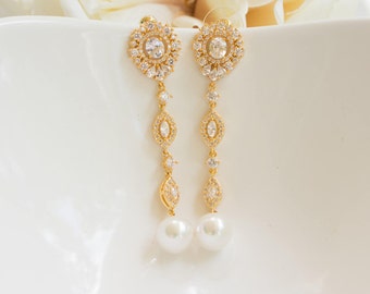 Yellow Gold Earrings | Long Earrings | Bridal Earrings | Pearl Earrings | Bridal Jewelry | Pearl Dangle Earrings | Weddings