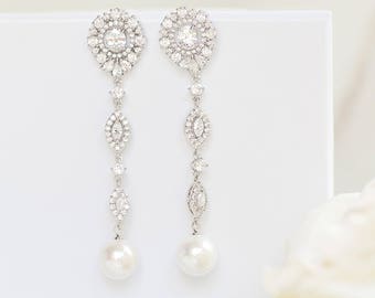 Pearl Wedding Jewelry | White Gold Earrings | Long Bridal Earrings | Pearl Earrings | Bridal Jewelry | Pearl Dangle Earrings | Weddings