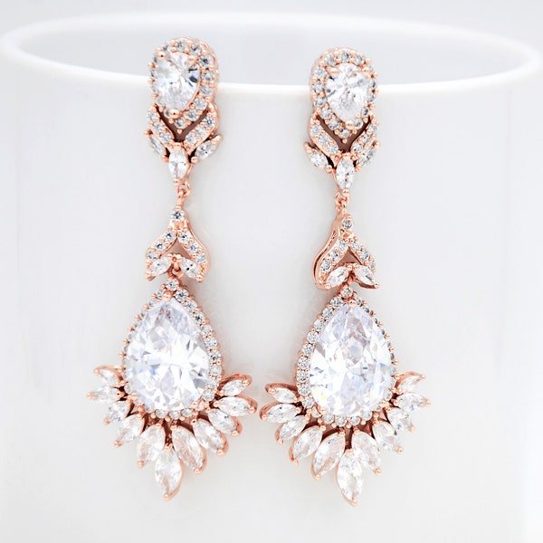 Rose Gold Earrings | Rose Gold Bridal Earrings | Chandelier Earrings | Teardrop Earrings | Wedding Earrings | Long Earrings | Prom Jewelry