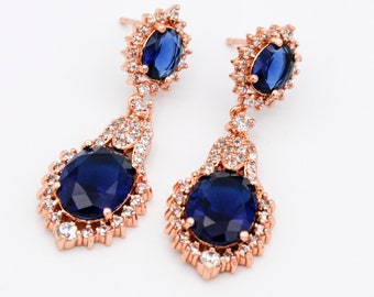 Rose Gold Sapphire Earrings, Rose Gold Earrings, Rose Gold Wedding, Bridal Earrings, Navy Blue Wedding, Blush Wedding, Sapphire Earrings