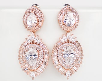 Rose Gold Chandelier Wedding Earrings | Rose Gold CZ Wedding Earrings | Rose Gold Crystal Teardrop Bridal Earrings | CZ Rose Gold Earrings
