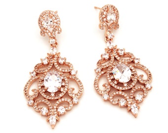 Rose Gold Wedding Earrings, Bridal Earrings, Bridesmaid Jewelry, Crystal Chandelier Earrings,Prom Earrings, Rose Gold Earrings, Prom Jewelry