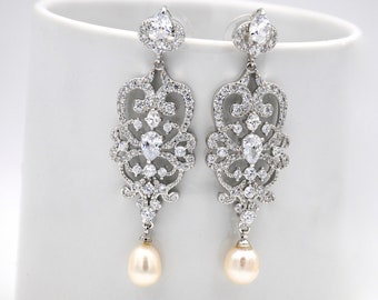 Pearl Chandelier Earrings | Long Pearl Earrings | Pearl Bridal Earrings | Pearl Wedding Jewelry | Bridal Jewelry | Pearl Crystal Earrings