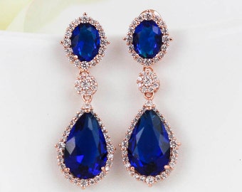 Rose Gold Sapphire Earrings | Navy Blue Wedding | Teardrop Bridal Earrings | Bridesmaid Jewelry | Wedding Jewelry | Bridesmaid Earrings