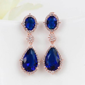 Rose Gold Sapphire Earrings | Navy Blue Wedding | Teardrop Bridal Earrings | Bridesmaid Jewelry | Wedding Jewelry | Bridesmaid Earrings